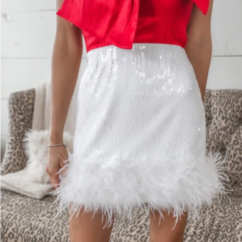White Sequin Boutique feathered skirt Small